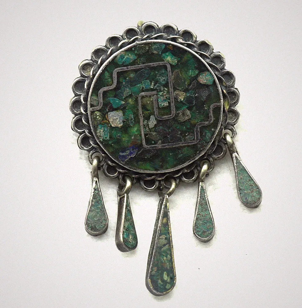 1.75 Zoll Handgemachtes Mexiko Silber Anhänger Türkis Grün, Zermahlene Edelstein