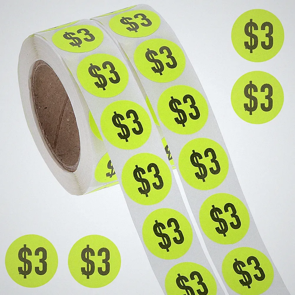 1000 Stk 0,75 Zoll 3$ runde Preisaufkleber, fluoreszierendes Gelb