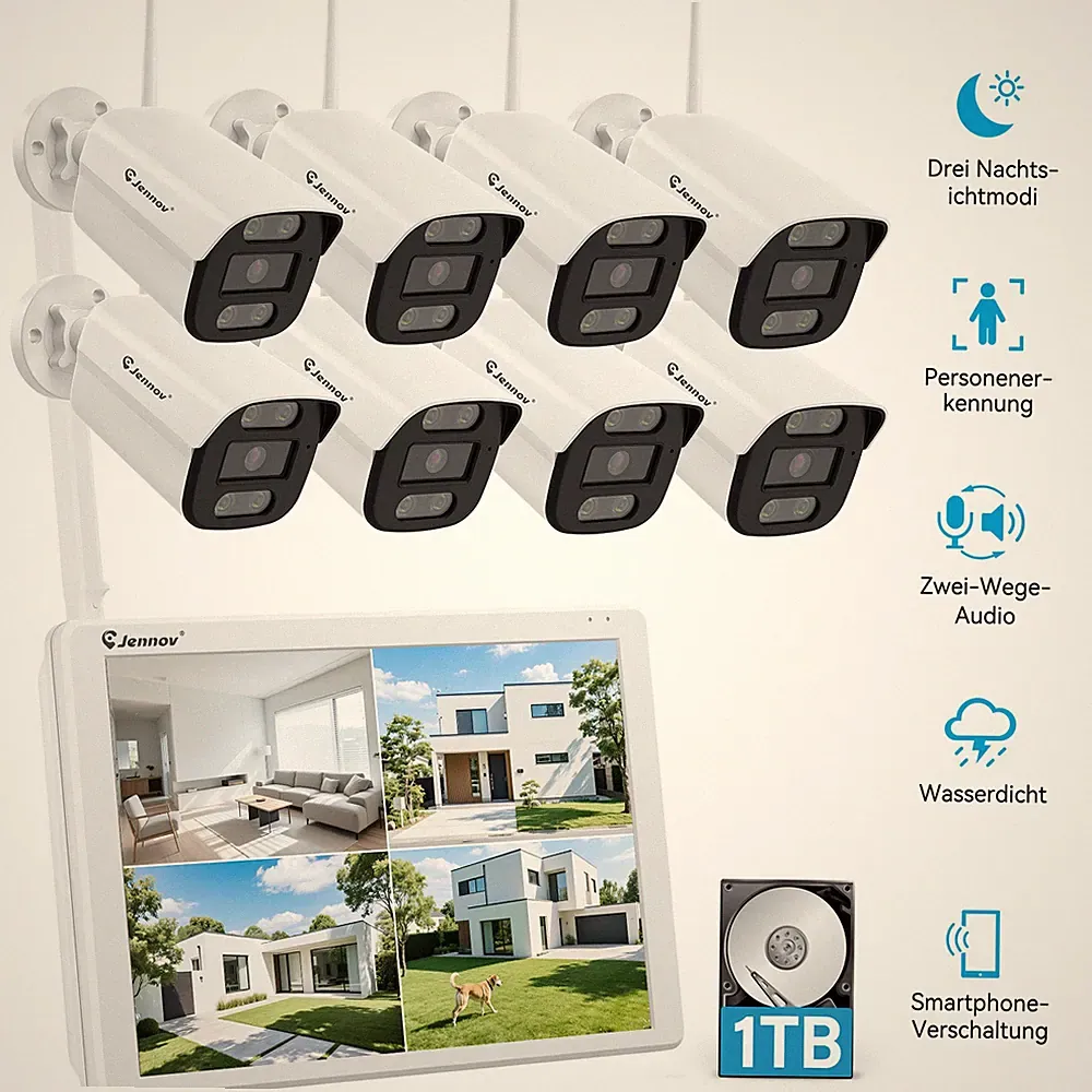 10CH Überwachungskamera Mit Monitor Außen IP Kamera System 5MP WLAN 2-Wege-Audio
