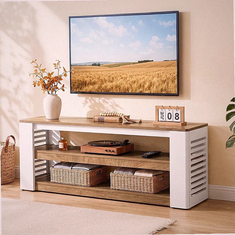 160 cm TV-Lowboard für Fernseher bis 75 Zoll, 3-stufiges TV-Möbel mit Stauraum