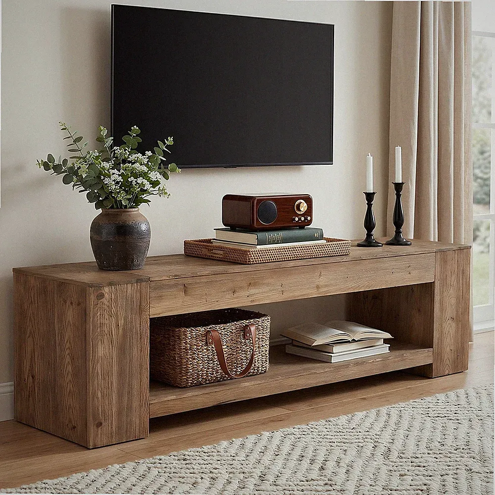 160cm Massivholz TV-Lowboard für Fernseher bis 75 Zoll, Landhaus TV-Schrank
