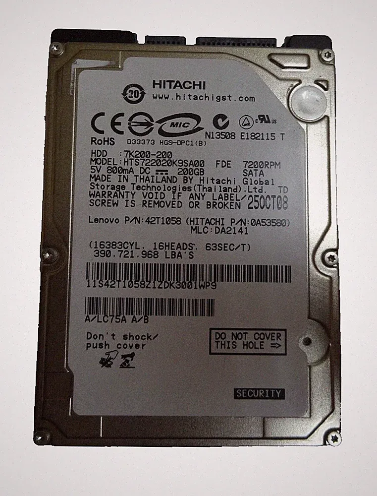 200 GB SATA NOTEBOOK HDD HITACHI HTS722020K9SA00 S/N: A/LC75A/B 2,5 " #NFP985