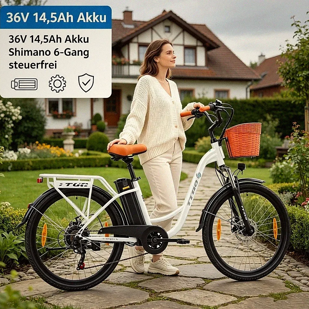 26"City Elektrofahrrad 250W E-bike 36V 14.5AH für Damen/Herren 75KM TTGO YY-26ST