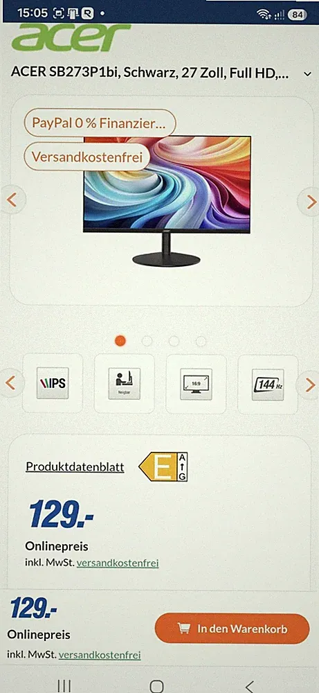 3 Tage benutzt Acer SB273p1bi 27" Gaming Monitor Full HD 144 HZ 1Ms HDMI DP NEU