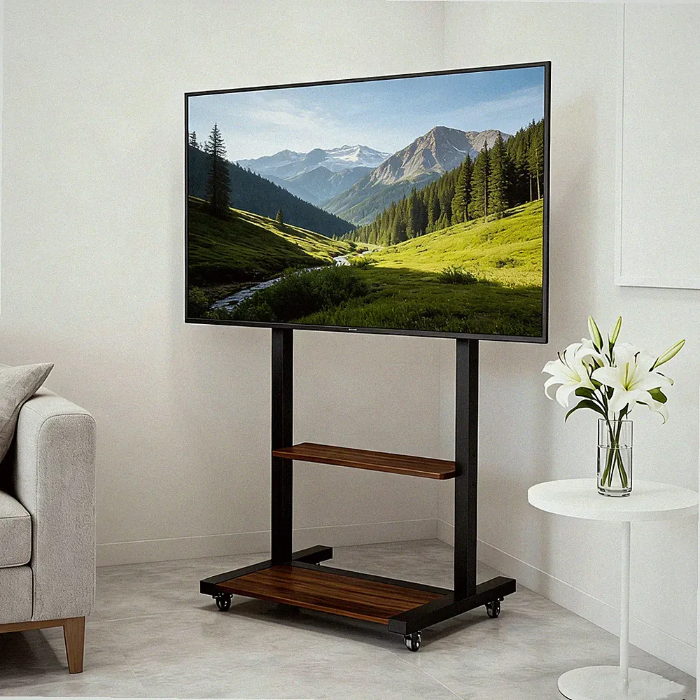 40-100 Zoll TV Ständer mit Rollen TV Bodenständer Holz Standfuß Höhenverstellbar
