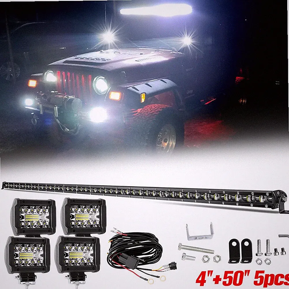 50 Zoll LED Lichtbalken +4x 4 Zoll Arbeitsscheinwerfer +Kabelbaum Offroad Auto