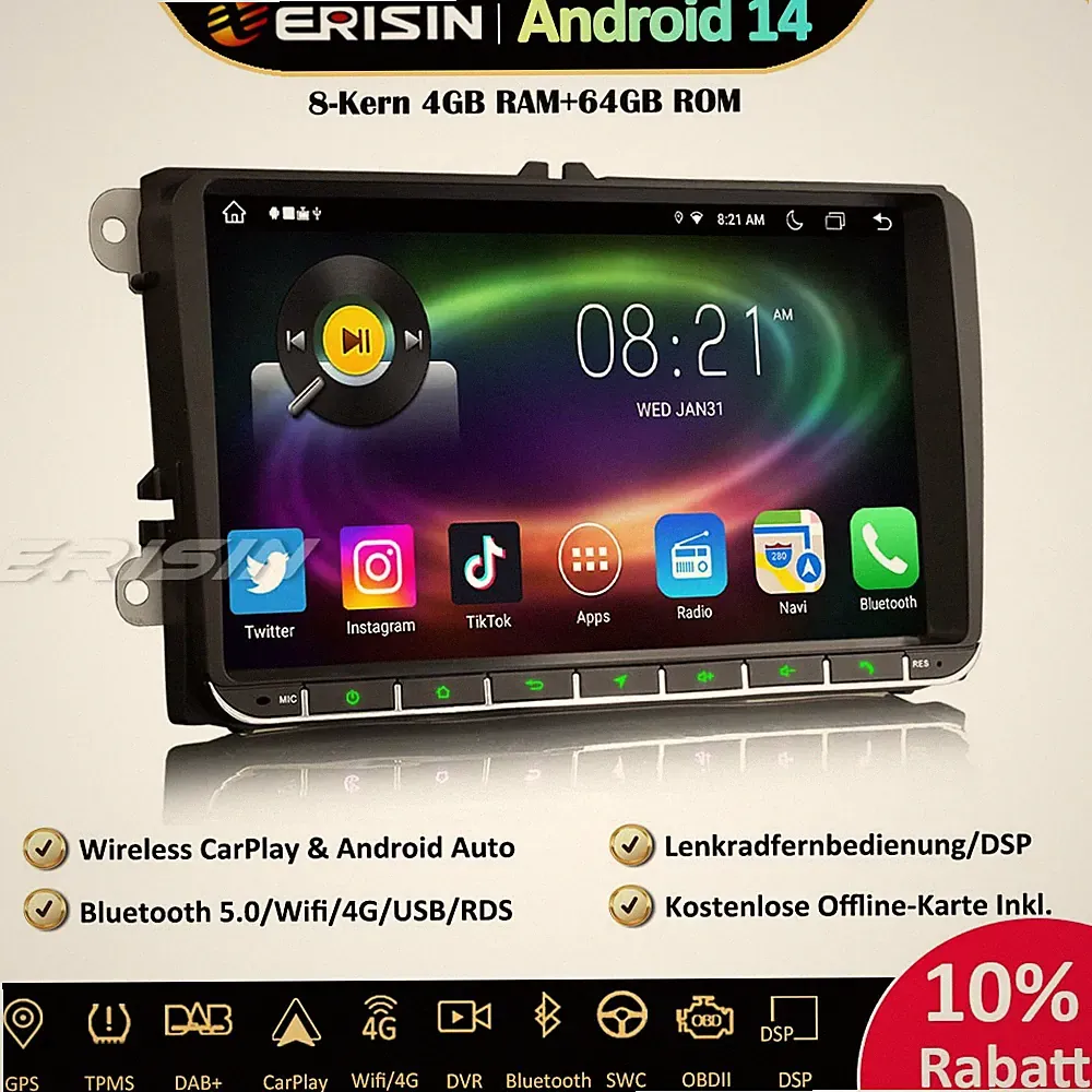 9" 64GB Android 14 Navi Autoradio für VW Passat Polo Golf 5/6 Tiguan Caddy Seat