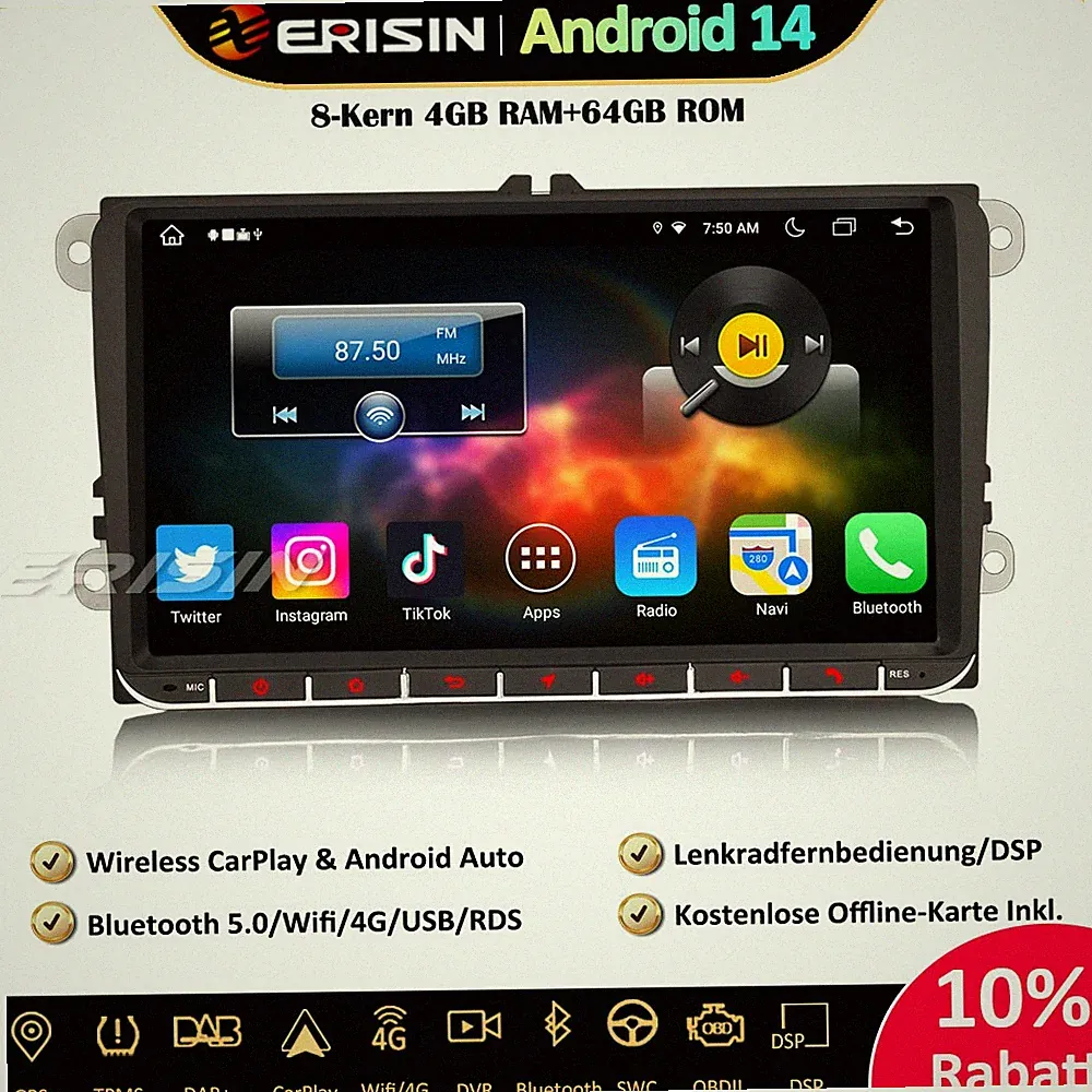 9" Android 14 GPS Autoradio Navi für VW Passat Polo Golf 5/6 Tiguan Bora T5 Seat