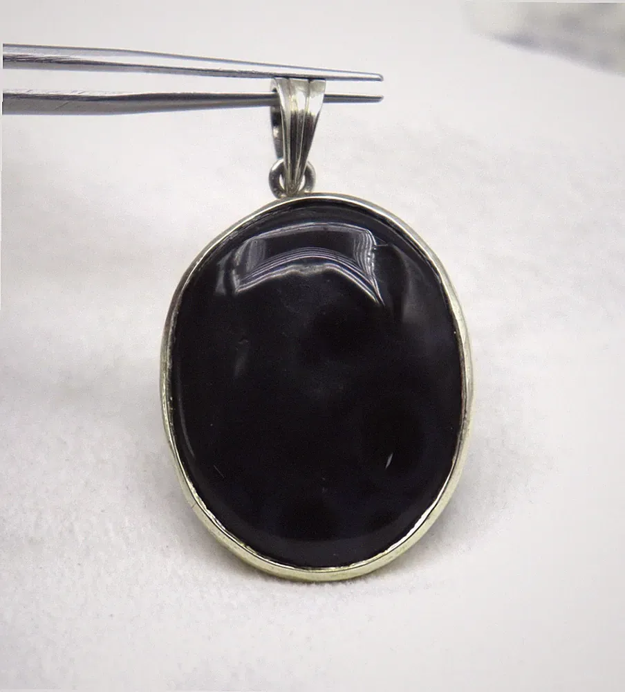 925 Sterling Silber Anhänger Schwarzer Achat Cabochon Natur 1.75 Zoll