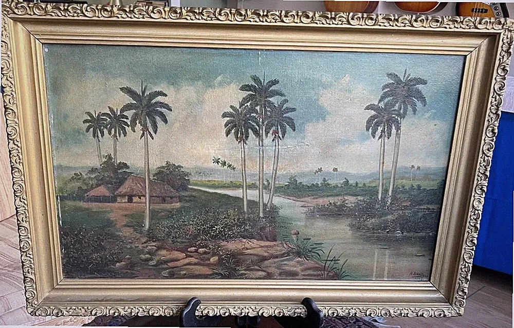Antikes Ölbild Hawaii Tropische Palmen Flusslandschaft 1819 Bartoli