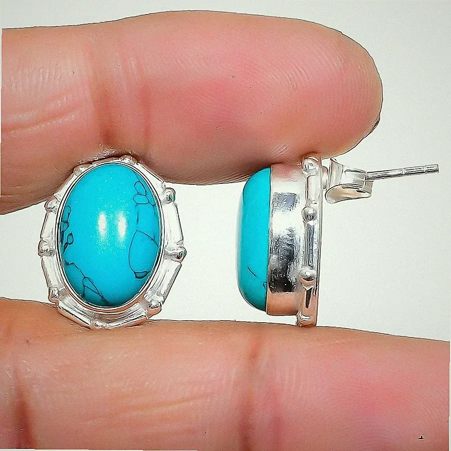 Blauer Türkis Edelstein 925 Sterlingsilber Schmuck Ohrstecker Größe 0,75 Zoll