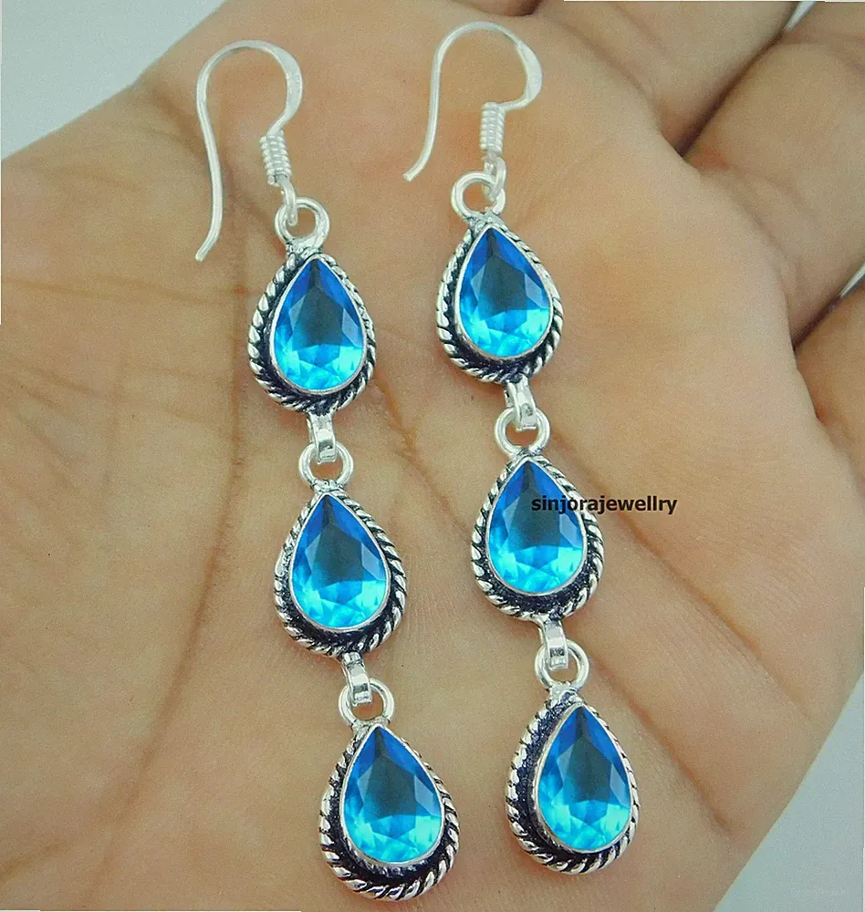 Blautopas Edelstein 925 Sterlingsilber handgefertigte Ohrhänger 2,75 Zoll