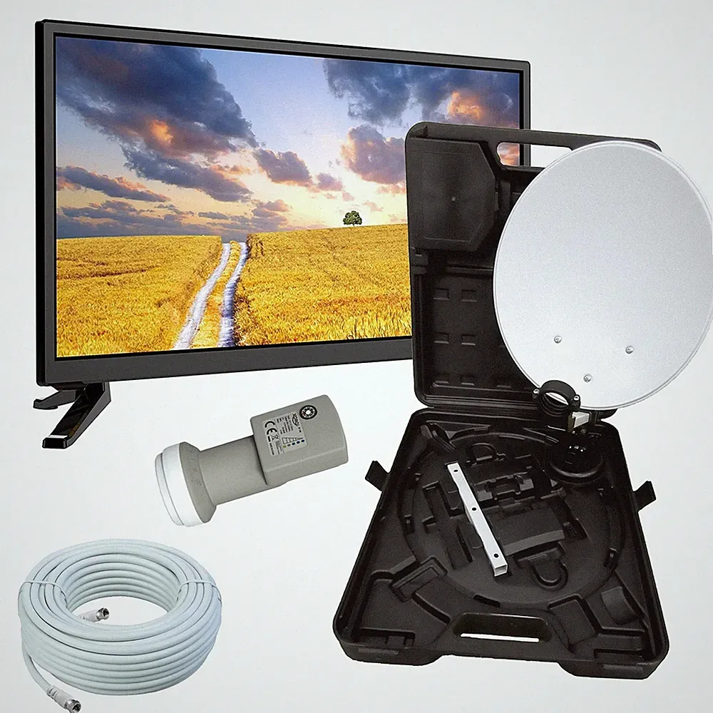Camping TV Fernseher 19 Zoll SAT DVB-T2 USB + HD Camping SAT Anlage LNB u. Kabe.