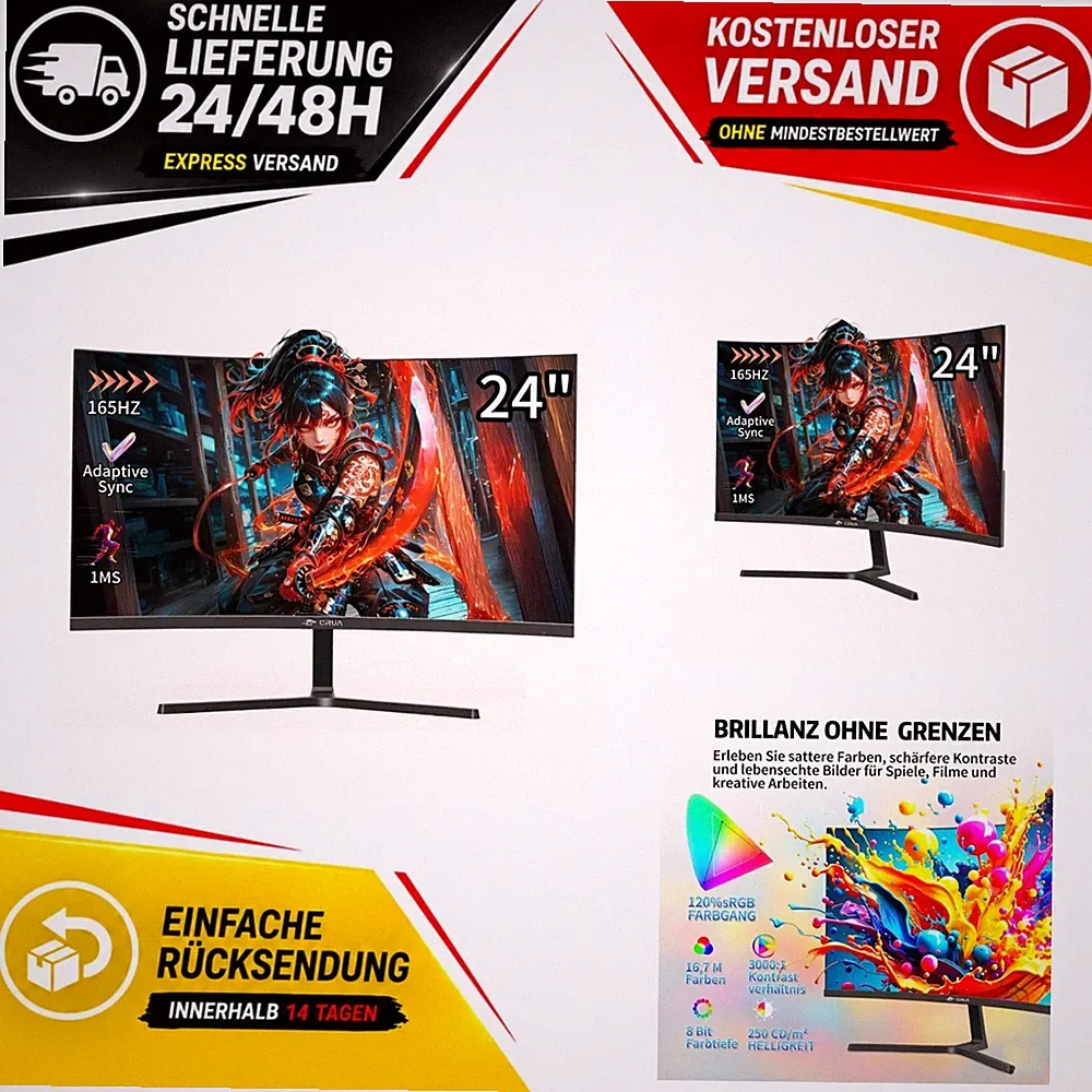 CRUA CR240HD 24 Zoll Gaming Monitor Curved FHD 165 Hz FreeSync