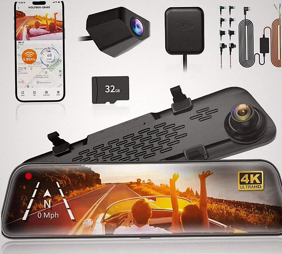 Dashcam 12 Zoll 4K + Heckkamera Wolfbox G840S + Hardwire 24/7 GPS WLAN Spiegel