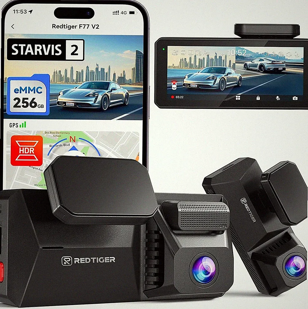 Dashcam Dual 4K F77 V2, 256 GB, 4-Zoll-Touchscreen, GPS, Sprachsteuerung, HDR