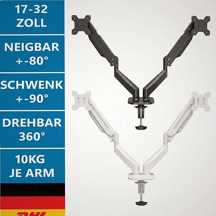 Dual Monitorhalterung 2 Monitore -32 Zoll 10kg Gasfeder VESA 75/100 schwarz/Weiß