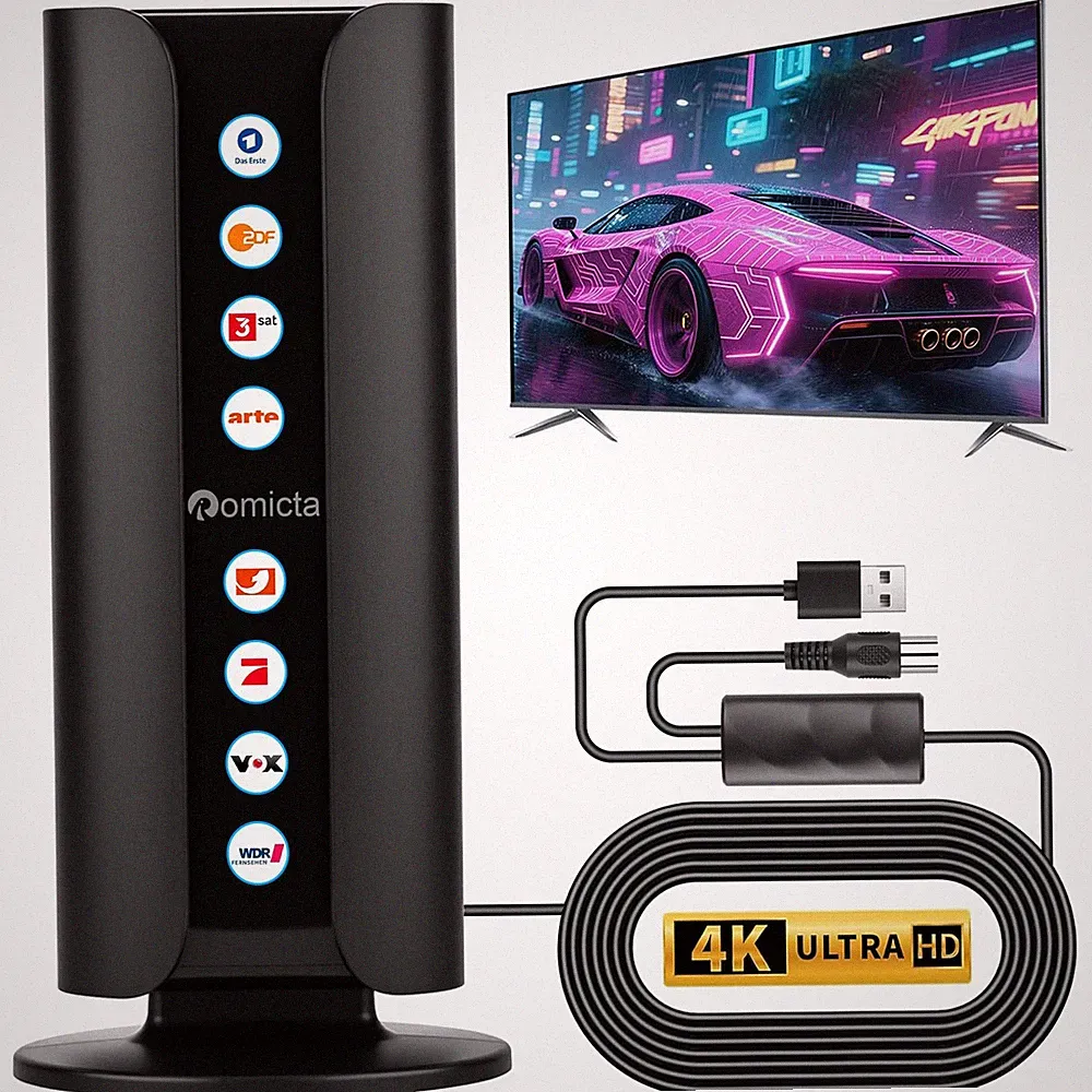 DVB-T2 Antenne Innen mit Verstärker, 360° Empfang, DAB/DAB+ Radio, 4K TV
