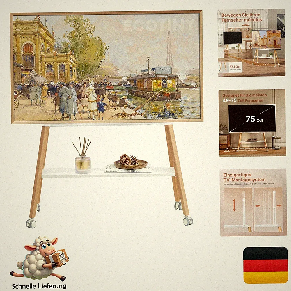 Ecotiny TV Ständer mit Rollen 49-75 Zoll bis 40 kg moderner Rollständer aus M...