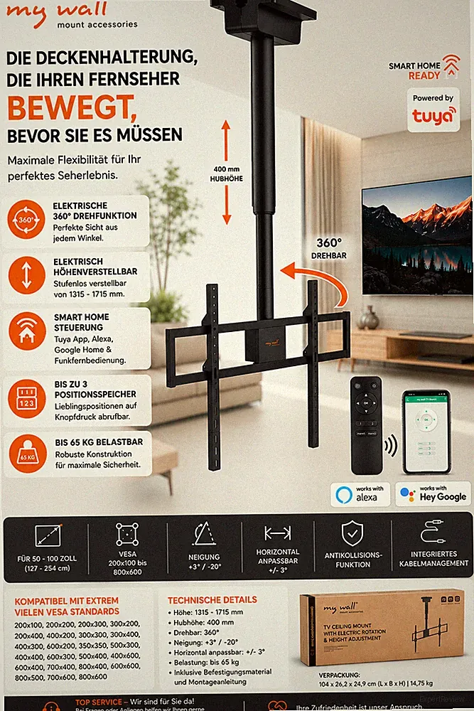Elektrisch TV Deckenhalterung 50-100 Zoll 360° Smart Home 65kg VESA