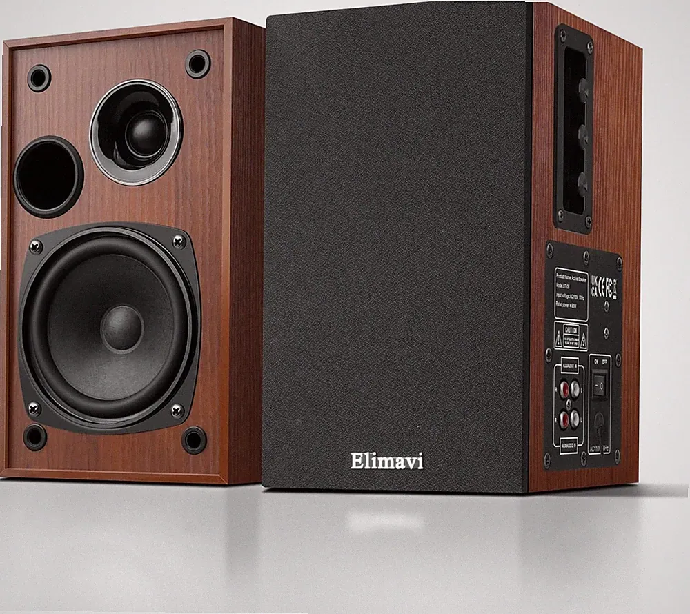 Elimavi Aktive Regallautsprecher BT-06, 35W RMS, Holzgehäuse, Gelb, 2.0 Stereo
