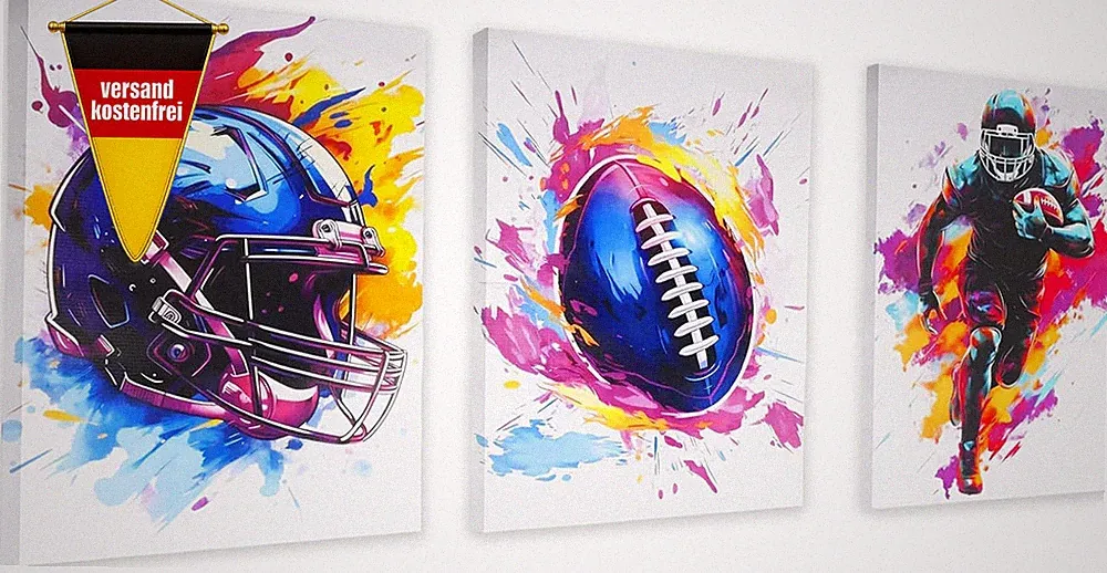 Football Wandbild Set 3er Aquarell Dekoration für Fans und Sportliebhaber