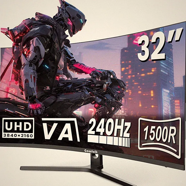 Gawfolk 32 Zoll Gaming Monitor 4K UHD 240 Hz Gebogen G-Sync Schwarz 1500R 1ms DP