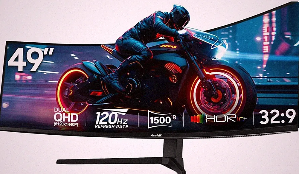 Gawfolk 49 Zoll Curved Gaming Monitor, 5120x1440 Dual QHD, 120Hz, 1500R, AMD