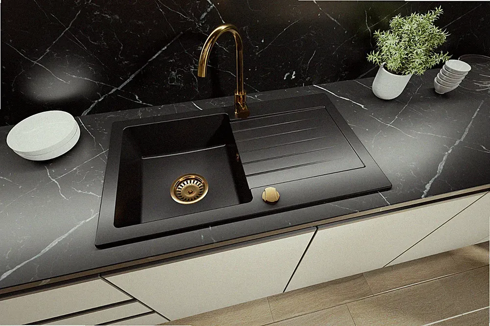 Granitspüle 75x43,5 cm mit Armatur & Siphon Gold | 5 Farben