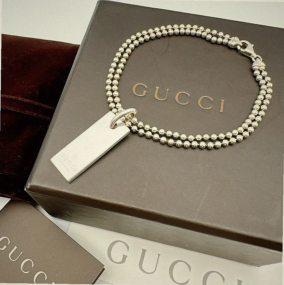 Gucci Armband Sterlingsilber 925 Kugelkette Logo Platte Etikett 6,75 Zoll Grö...
