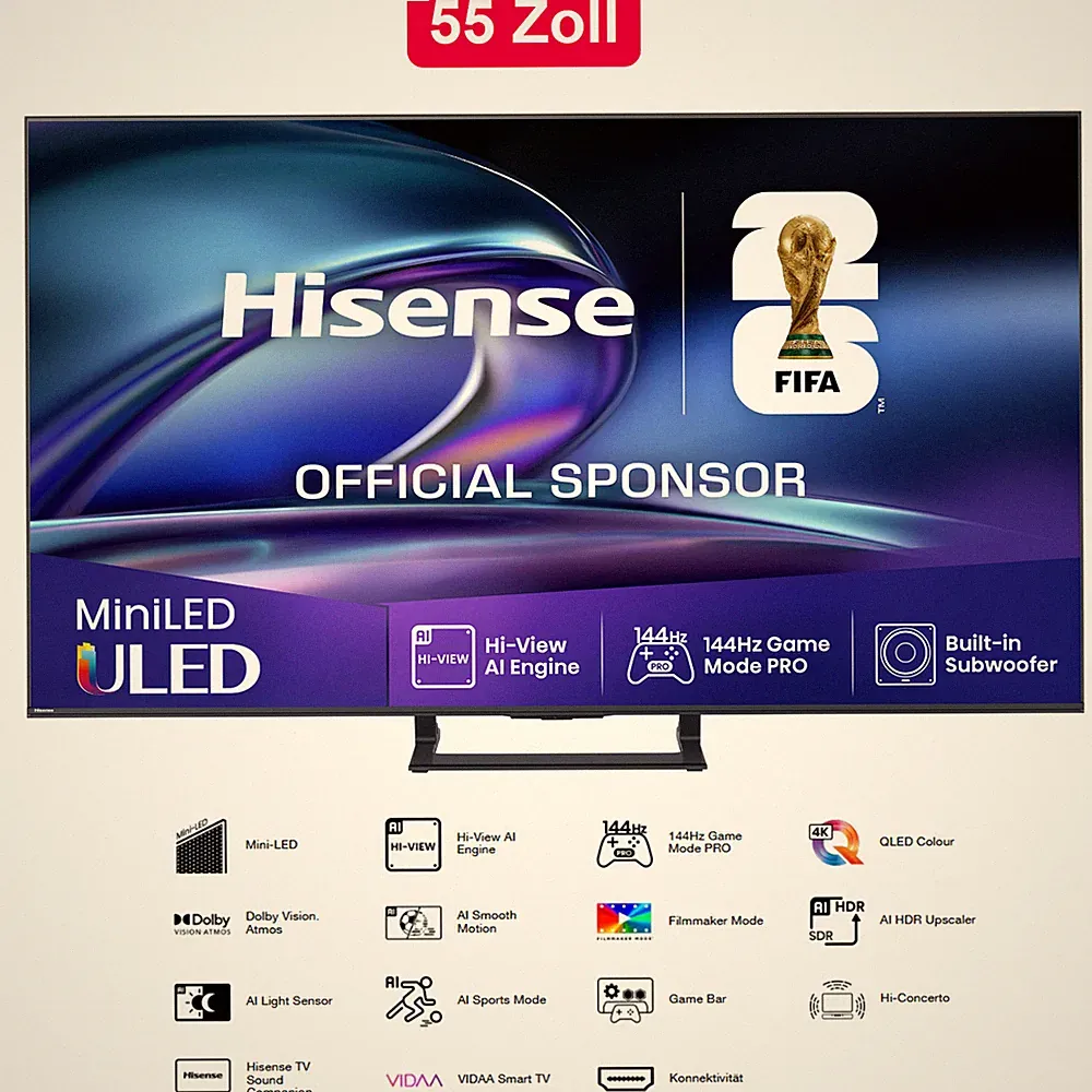 Hisense 55 Zoll Fernseher 4K ULED Smart TV Mini-LED 144Hz Quantum Dot HDR