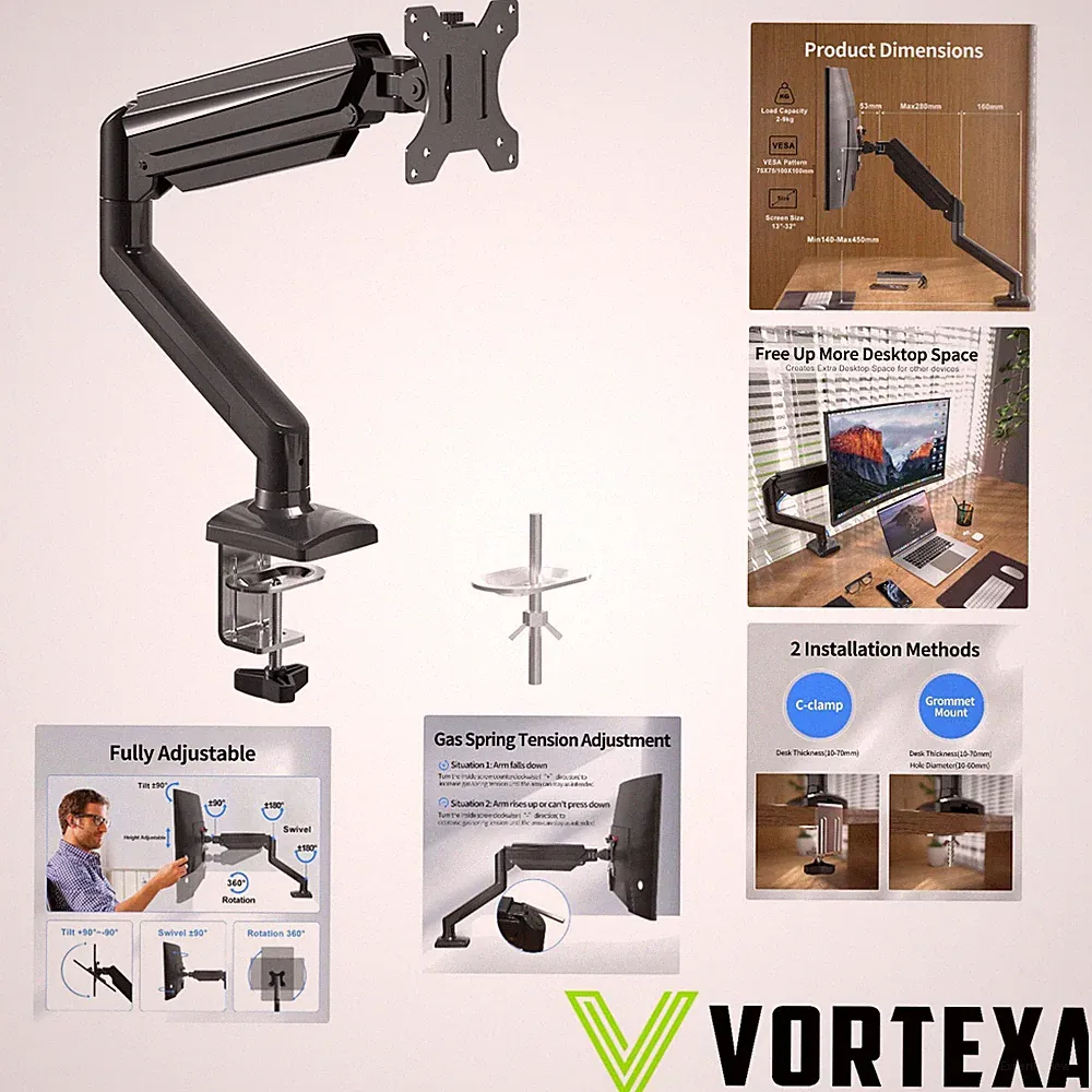 Hochwertiger Monitorarm mit Gasdruckfeder, neigbar und schwenkbar für 13-32 Zoll