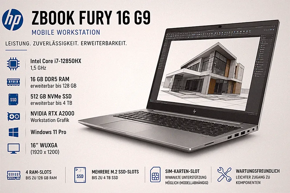 HP ZBook Fury 16 G9 Workstation i7 12850HX bis 64GB RAM 4TB SSD RTX A2000 Win11
