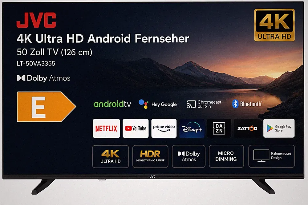 JVC 4K Ultra HD Android Fernseher 50 Zoll TV (126 cm), LT-50VA3355, Dolby Atmos