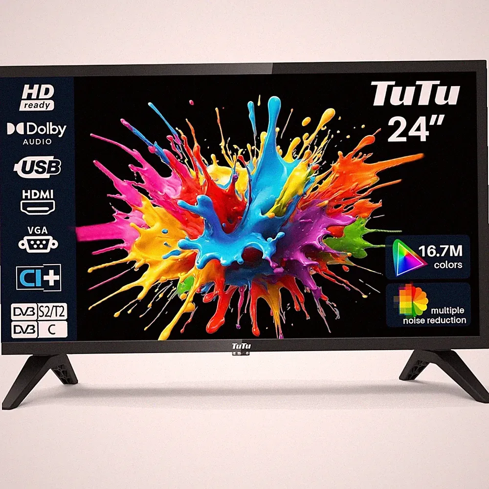 LED Fernseher 24 Zoll HD TV mit DVB-T/T2, USB, HDMI, Hotelmodus, schwarz