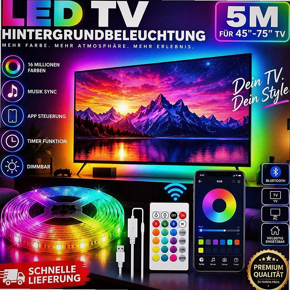 LED TV Hintergrundbeleuchtung 5M RGB 45-75 Zoll mit App & Musik Sync
