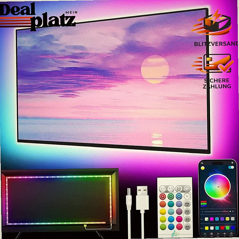 LED TV-Hintergrundbeleuchtung 5m RGB Farbwechsel Musik Sync Bluetooth 45-75 Zoll