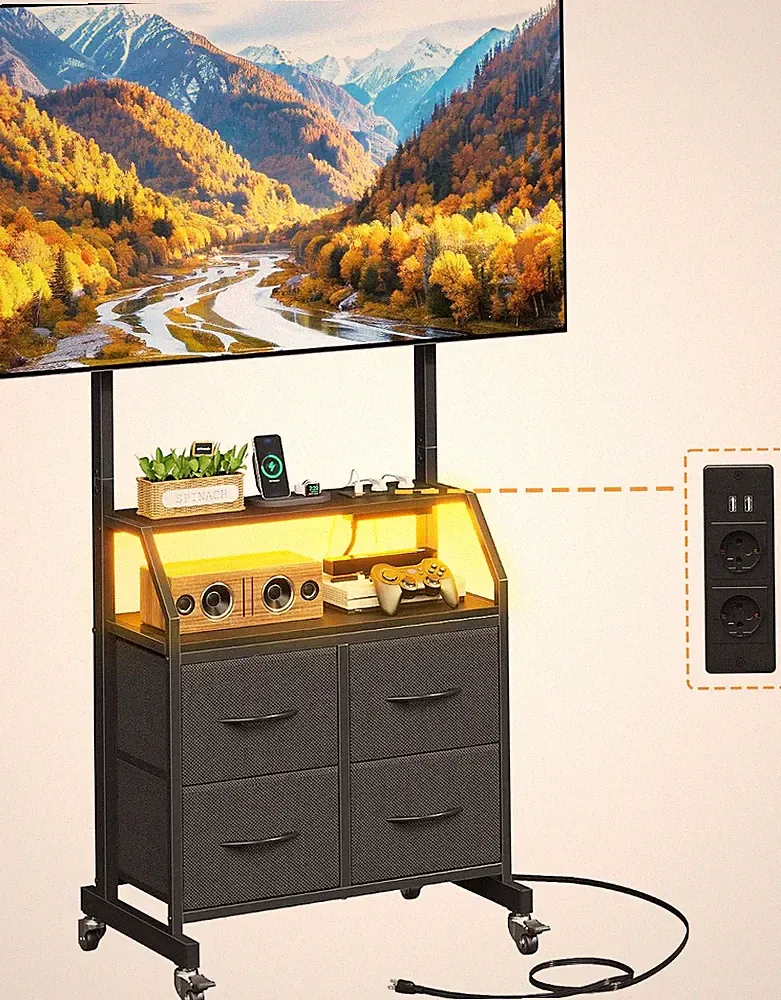 LED TV Ständer Rollbar Mit Halterung Und Stoffschublade, Schwarz