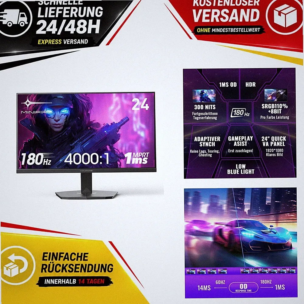 Minifire MFG24F4 24 Zoll Gaming Monitor 180Hz Full HD 1ms VA HDR10