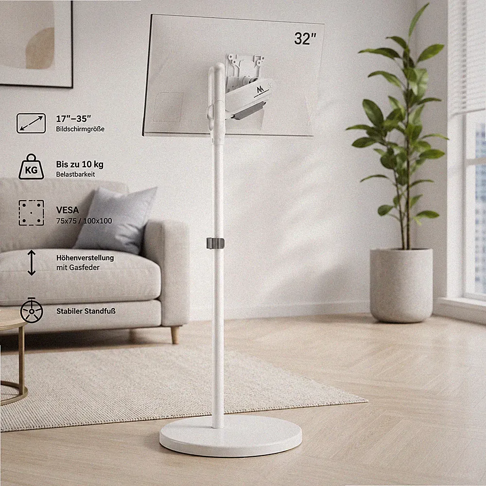 Mobiler Monitorständer 17-35 Zoll Weiß Gasfeder Höhenverstellbar VESA 100x100