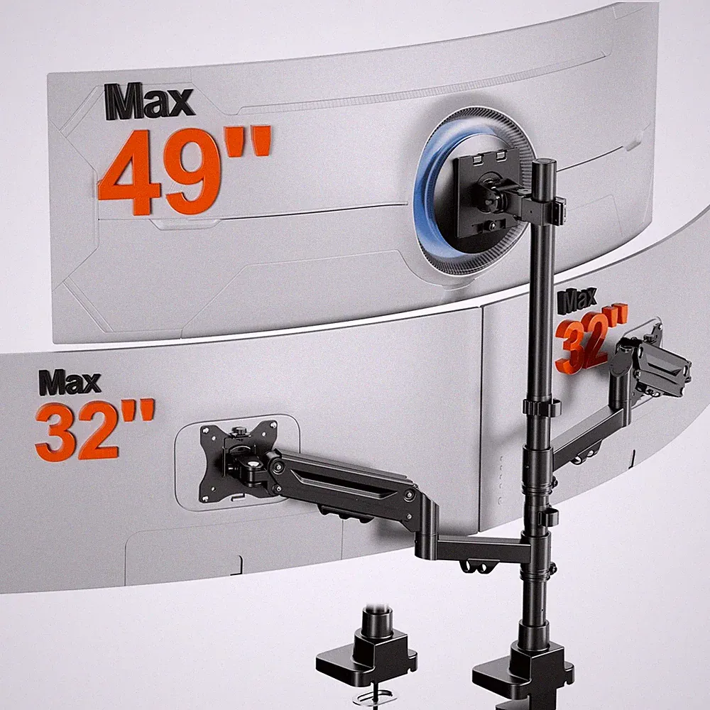 Monitor Halterung für 3 Monitore – 1 Fester 49 Zoll 2 Gasdruckfeder 32 Zoll