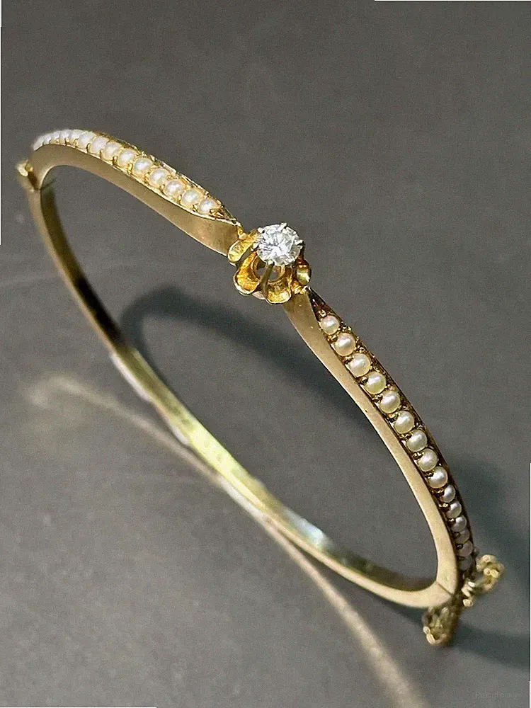 Nachlass 18 K Gelbgold über Diamant Saatperlen Armreif Armband 7,75 Zoll für...