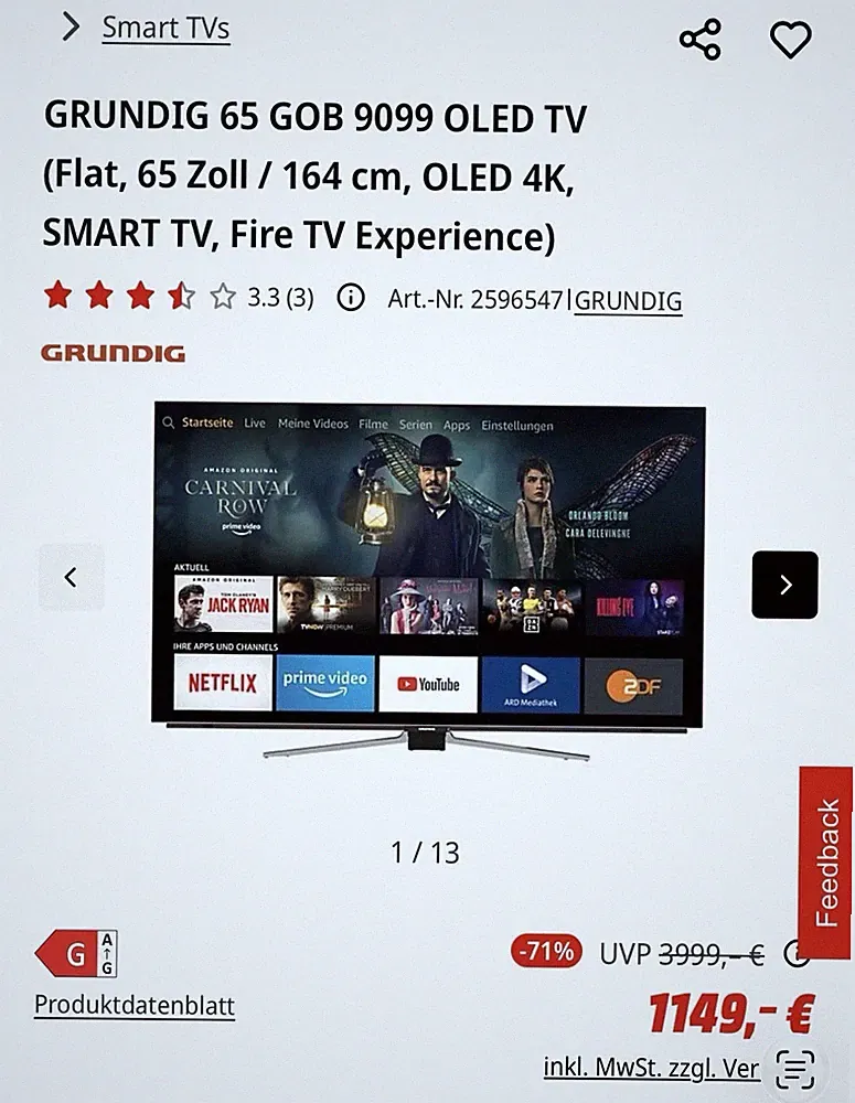 OLED 65 Zoll GRUNDIG GOB 9099 (65 Zoll/164 cm,OLED 4K) Smart TV