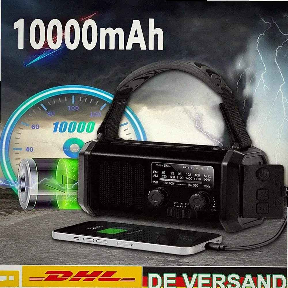 Radio Solar Multifunktion bis 10000 mAh AM/FM Kurbel LED tragbares Notfallradio