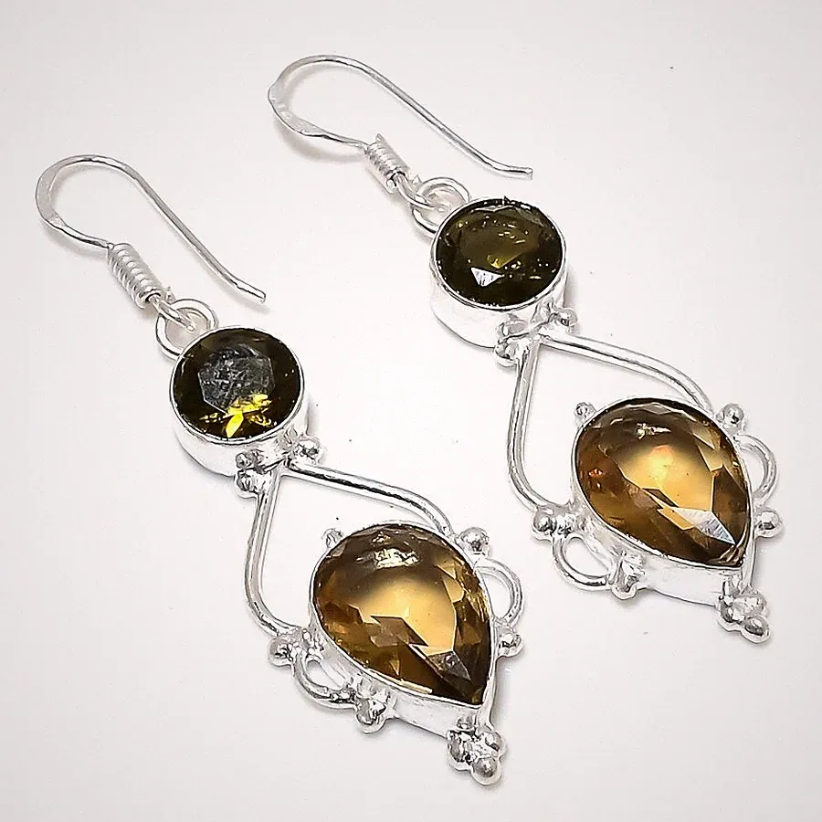 Rauchquarz Edelstein Handarbeit 925 Stern Silber Schmuck Ohrring Größe 1,75 Zoll