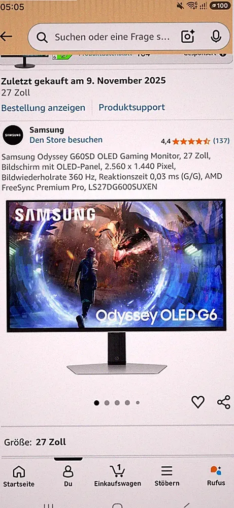 Samsung Monitor 27 Zoll (68,58cm) Odyssey OLED G6 G60SD WQHD 360Hz (Gebraucht)