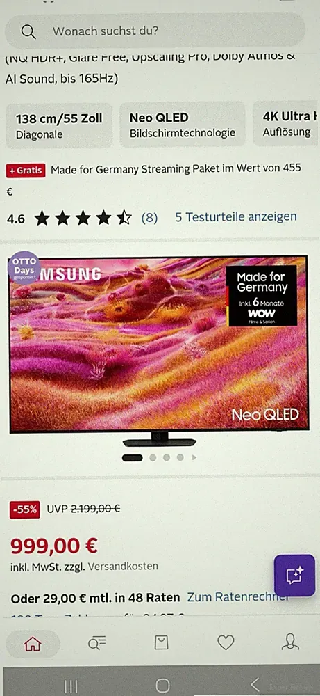 Samsung QN85B Neo QLED TV 55 Zoll 4K Ultra HD (2160p) QLED Fernseher