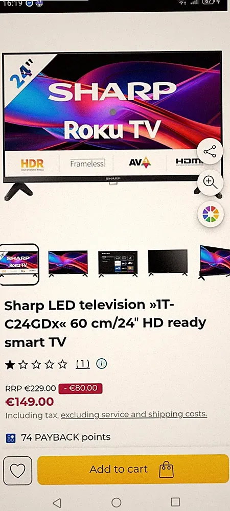 Sharp 24 Zoll LED Roku Smart TV 720p HD, HDR, Dolby Audio, Frameless, HDMI