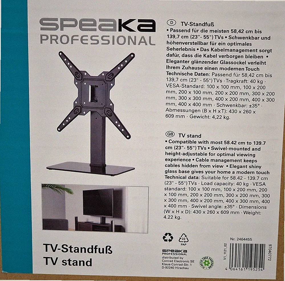 SpeaKa Professional SP-TVS-150 TV-Tischhalterung Höhenverstellbar 23 -55 Zoll