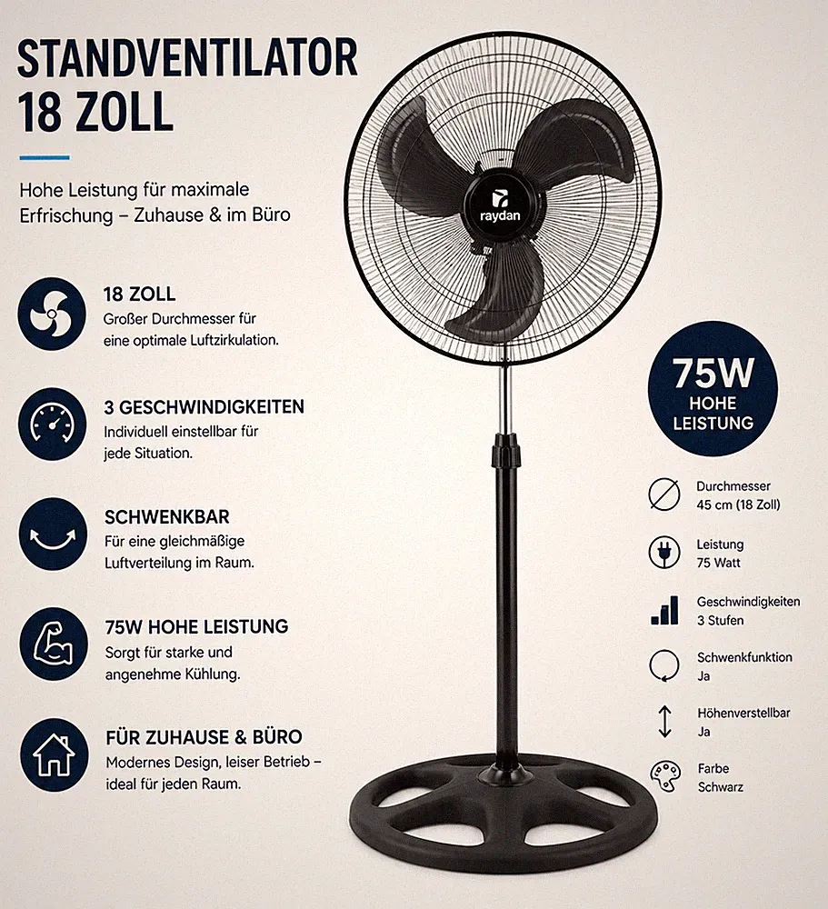 Standventilator 18 Zoll 75W Schwarz | 3 Geschwindigkeiten | Schwenkbar